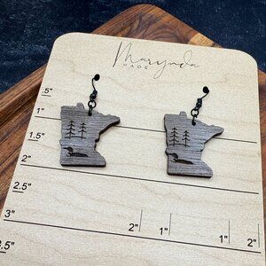 Minnesota Wood Earrings | Walnut Dangle Earrings with Trees & Loon | State Pride